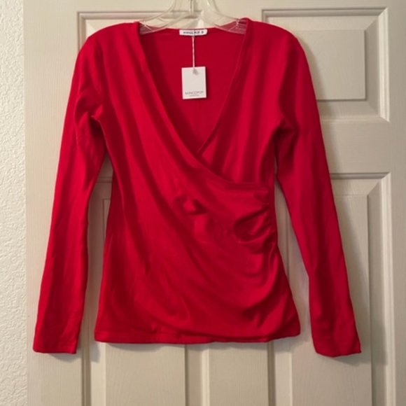 MangoPop Red Women's Cross Wrap Plunge Long Sleeve Top Size SMALL NWTs - Picture 7 of 7